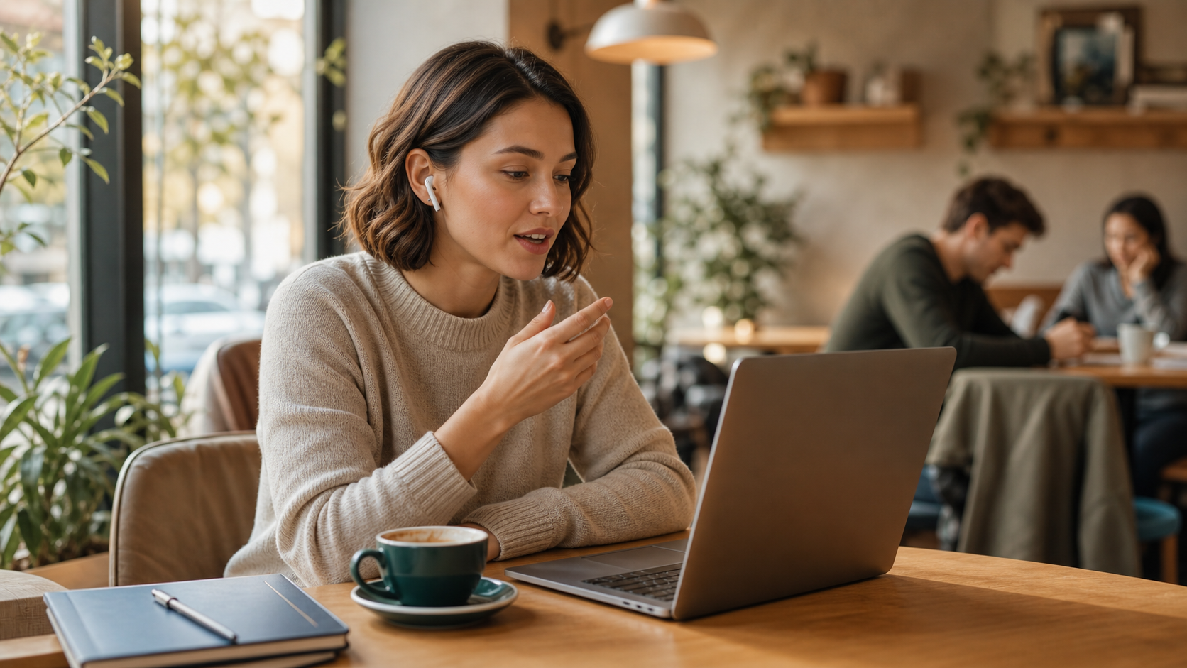 A user dictates work text through a wireless earbud in a cafe