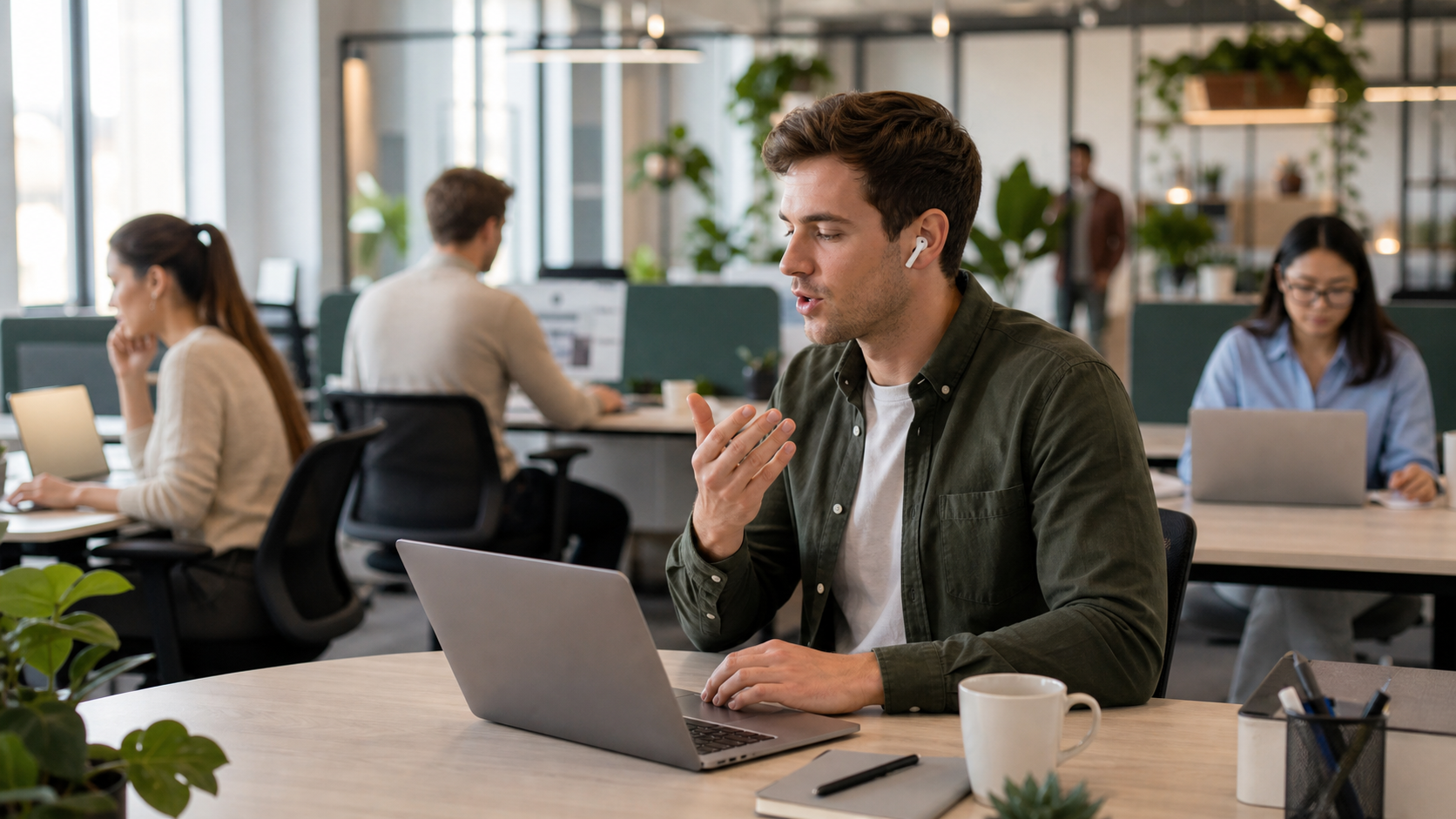 A specialist quietly dictates text through a wireless earbud in an open space